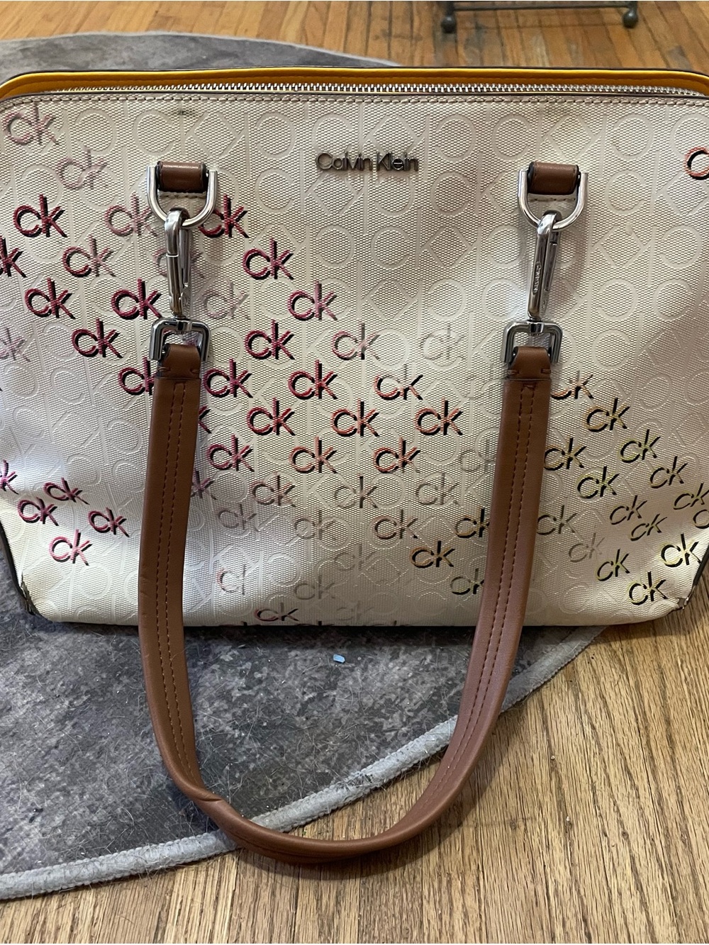 Calvin Klein Cream Tote with Brown Handles and Multicolor CK Logo